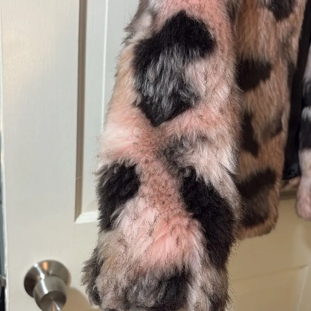 ASOS Faux Fur Leopard-Print Jacket in Pink and Black